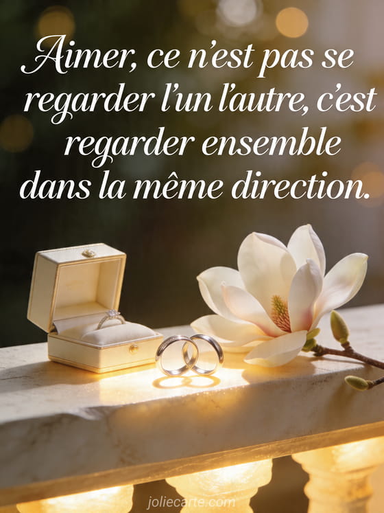 Photo realiste d'un ecrin ouvert pres de fleurs de magnolia et d'alliances entrelacees sur un rebord de pierre lumineux, texte Aimer, ce n'est pas se regarder l'un l'autre, c'est regarder ensemble dans la meme direction