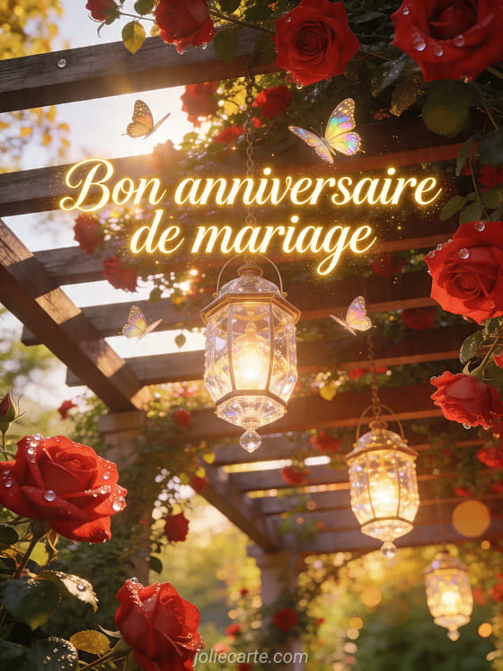Pergola couverte de roses rouges avec papillons et le texte Bon anniversaire de mariage