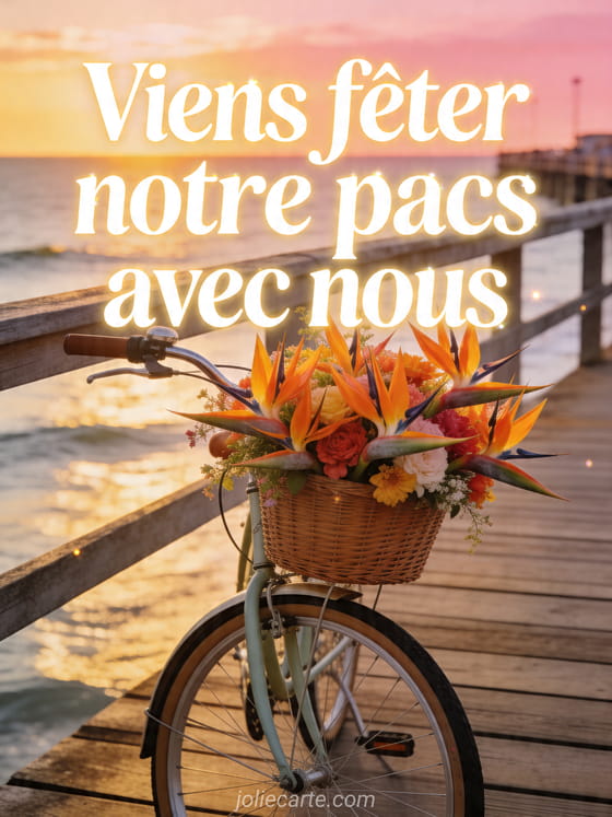 Promenade en bord de mer au coucher du soleil avec un vélo au panier garni de fleurs d'oiseau de paradis