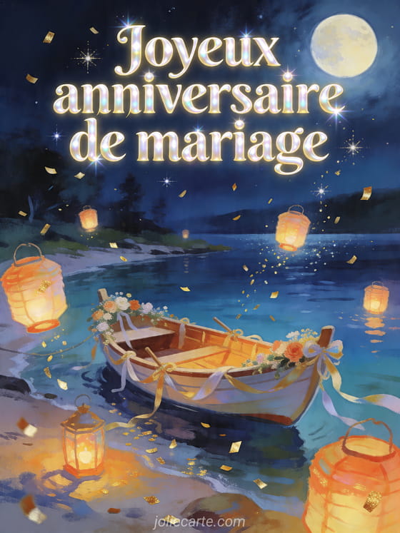 Rive de lac nocturne avec barque décorée, lanternes et le texte Joyeux anniversaire de mariage