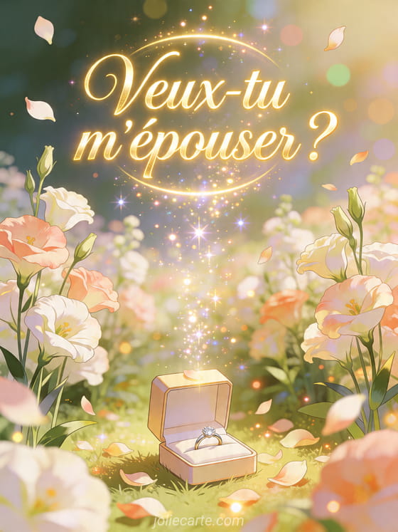 Illustration d'un jardin de lisianthus avec un ecrin ouvert sous des lumieres scintillantes et des petales, texte Veux-tu m'epouser ?