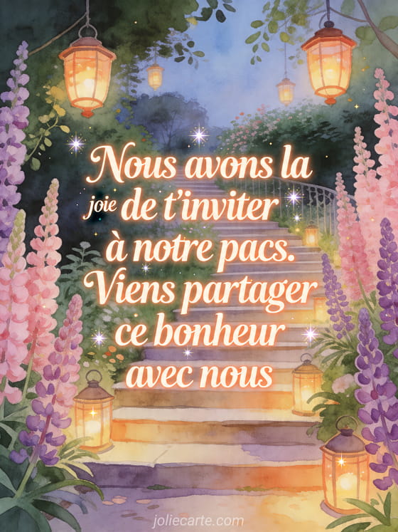 Illustration d'un escalier de jardin bordé de lupins et éclairé par des lanternes suspendues