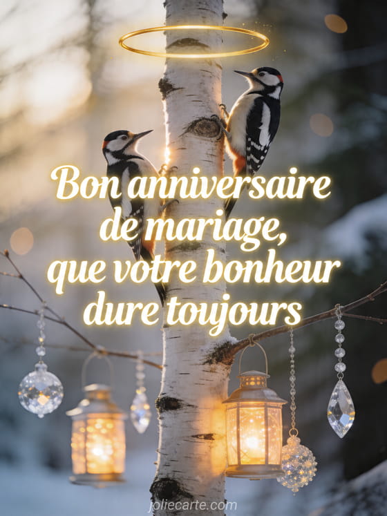 Deux oiseaux pics épeiches sur un bouleau avec lanternes et le texte Bon anniversaire de mariage, que votre bonheur dure toujours