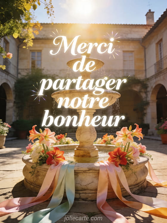 Fontaine de pierre ensoleillée entourée d'amaryllis et de rubans de soie, avec le texte Merci de partager notre bonheur