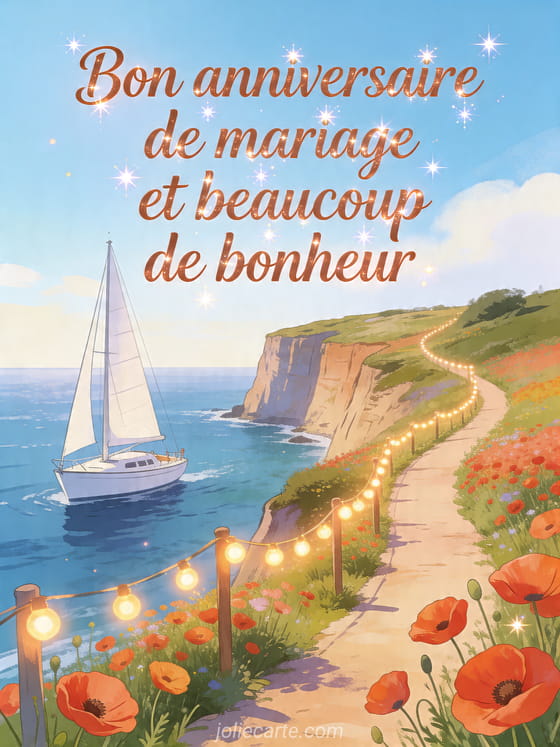 Voilier blanc près d'un sentier côtier bordé de coquelicots avec le texte Bon anniversaire de mariage et beaucoup de bonheur