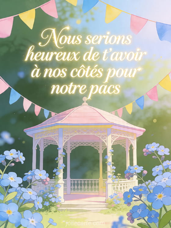 Illustration d'un kiosque entouré de myosotis et de fanions colorés sous une lumière printanière