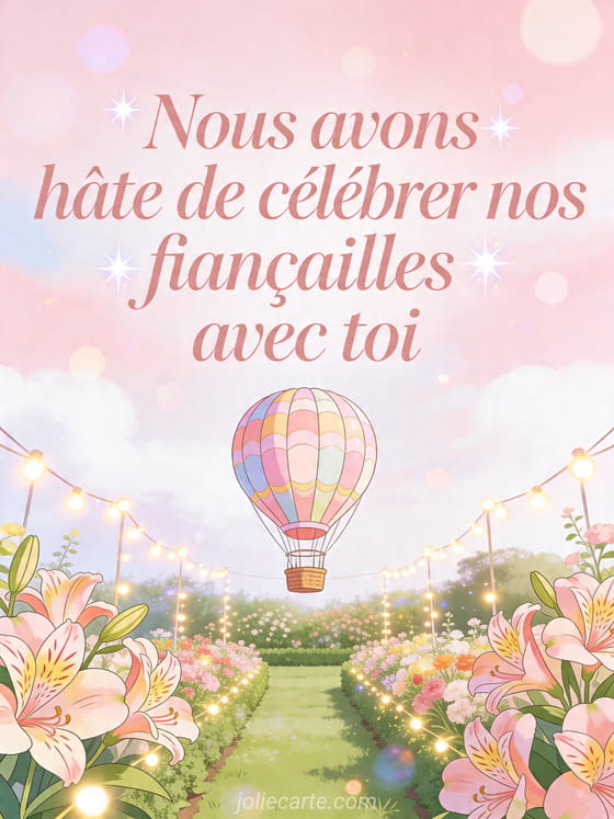 Illustration d'une montgolfiere au-dessus d'un jardin d'alstroemerias avec des lumieres de fete, texte Nous avons hate de celebrer nos fiancailles avec toi