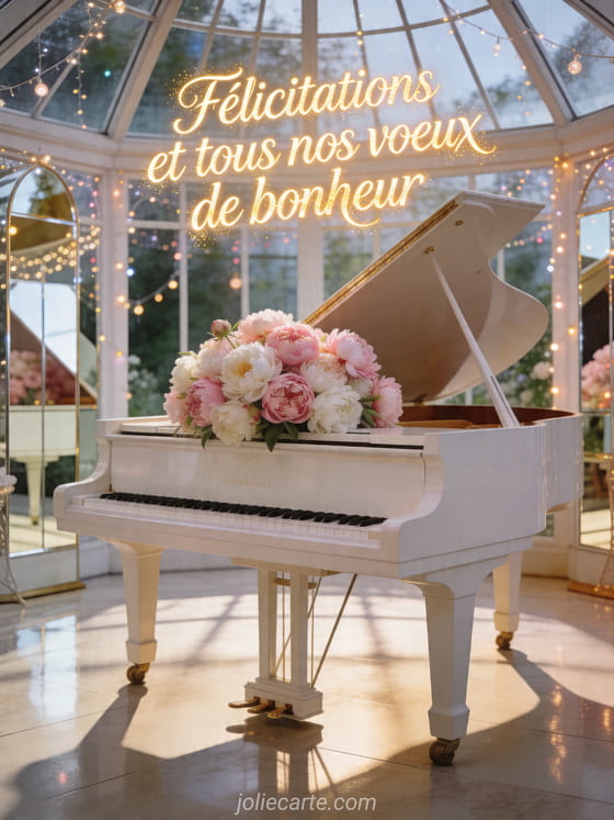Piano blanc couvert de pivoines dans une véranda lumineuse, avec le texte Félicitations et tous nos voeux de bonheur