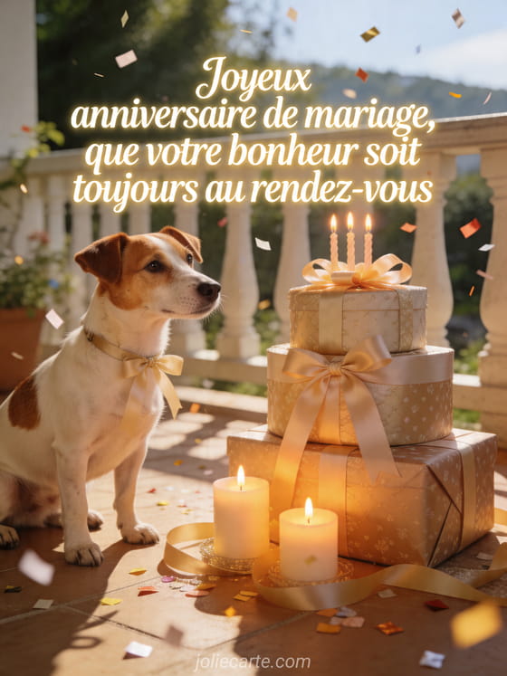 Chien jack russell près de cadeaux et bougies dans une véranda avec le texte Joyeux anniversaire de mariage, que votre bonheur soit toujours au rendez-vous