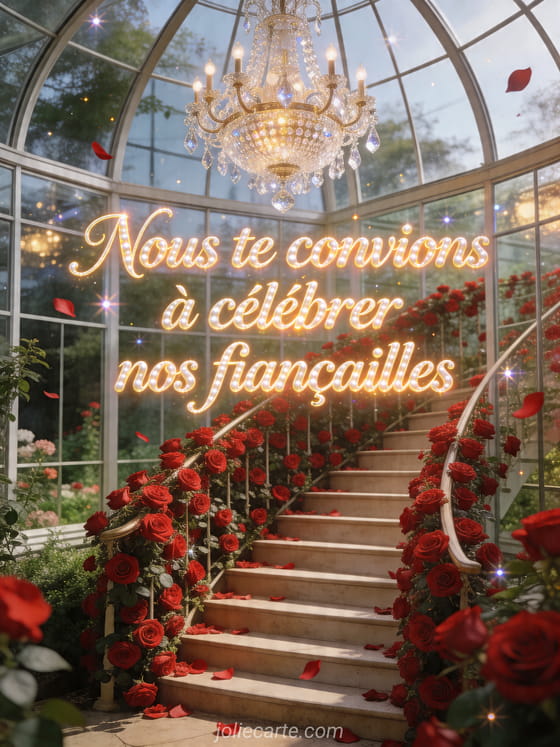 Photo realiste d'un lustre en cristal au-dessus d'un escalier entoure de roses rouges dans une verriere de jardin, texte Nous te convions a celebrer nos fiancailles