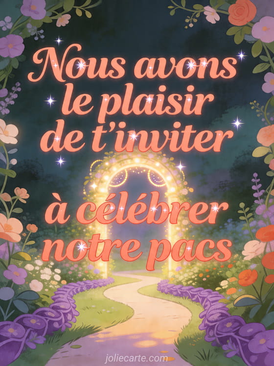 Illustration d'une allée sinueuse bordée de violettes menant à une arche de jardin lumineuse