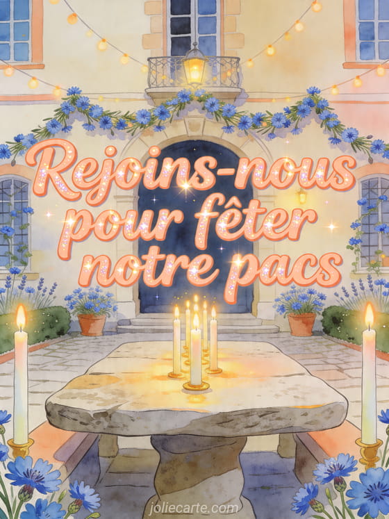 Illustration d'une cour festive avec guirlandes de bleuets, grandes bougies et table en pierre