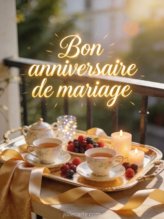 Plateau de petit déjeuner avec tasses, fruits rouges et le texte Bon anniversaire de mariage