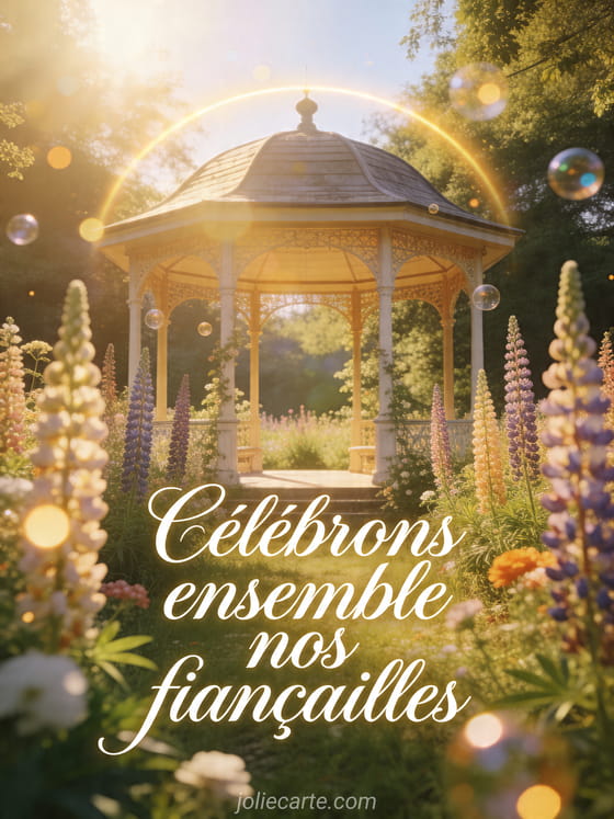 Photo realiste d'un pavillon entoure de lupins et de lumieres flottantes dans un jardin de prairie, texte Celebrons ensemble nos fiancailles