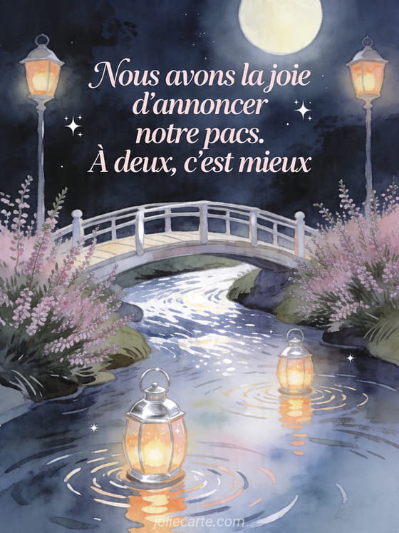 Illustration d'un pont au clair de lune au-dessus d'un ruisseau bordé de bruyère et de lanternes