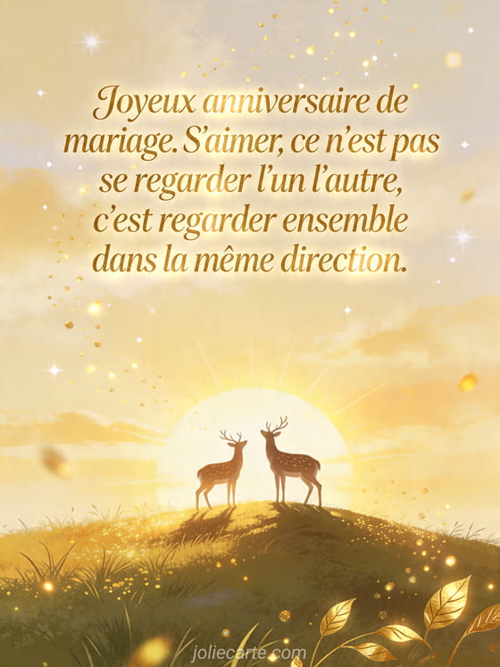 Deux cerfs sur une colline face au lever du soleil avec le texte Joyeux anniversaire de mariage et sa citation