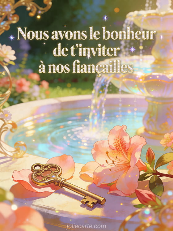 Illustration d'une cle ornementee posee sur des petales d'azalee pres d'une fontaine de jardin lumineuse, texte Nous avons le bonheur de t'inviter a nos fiancailles