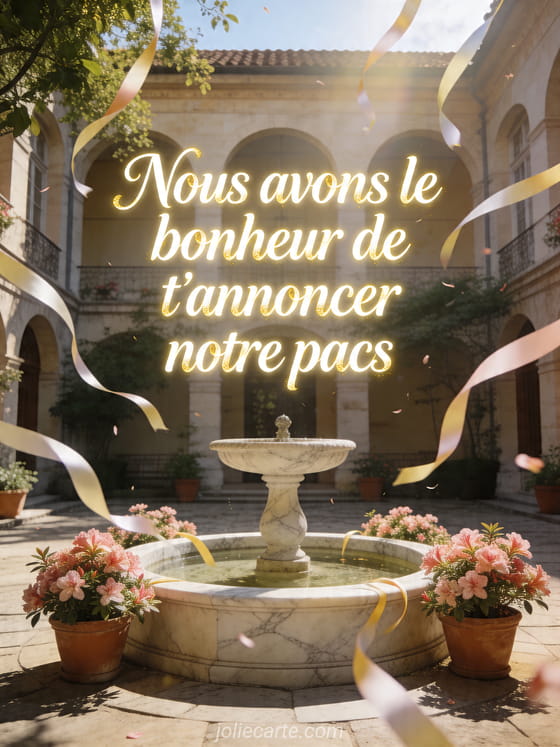 Cour lumineuse avec pots d'azalées, puits en marbre et rubans flottants, avec le texte d'annonce du pacs