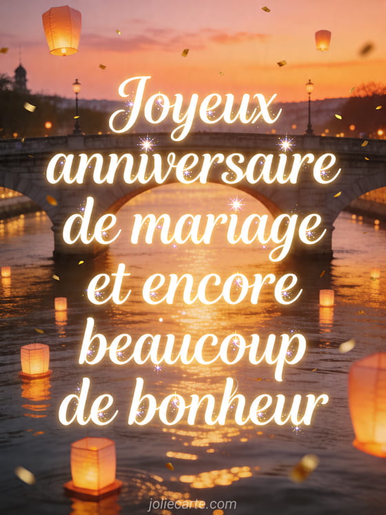 Pont de pierre au-dessus d'une rivière avec lanternes flottantes et le texte Joyeux anniversaire de mariage et encore beaucoup de bonheur