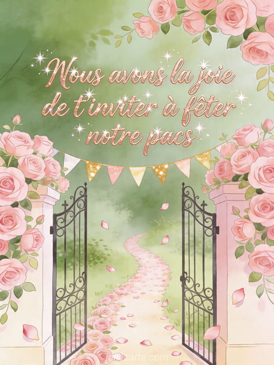 Illustration d'une allée de roses roses menant à une grille en fer forgé décorée de fanions festifs