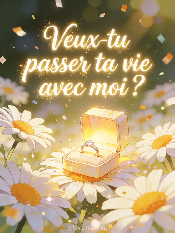 Illustration d'un ecrin lumineux parmi des marguerites sous des confettis et des eclats de lumiere, texte Veux-tu passer ta vie avec moi ?