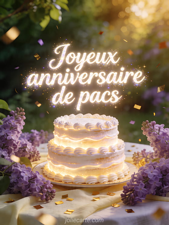 Gâteau lumineux sur une table de jardin entouré de lilas et de confettis dorés, avec le texte Joyeux anniversaire de pacs
