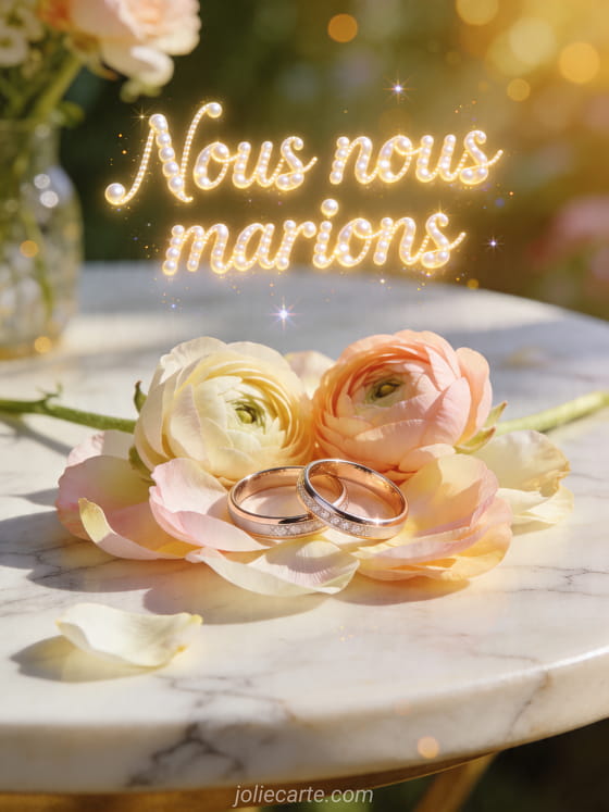 Photo realiste d'alliances entrelacees parmi des petales de renoncule sur une table en marbre ensoleillee, texte Nous nous marions