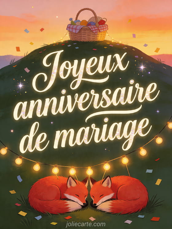Deux renards roux sous des guirlandes lumineuses avec panier et le texte Joyeux anniversaire de mariage