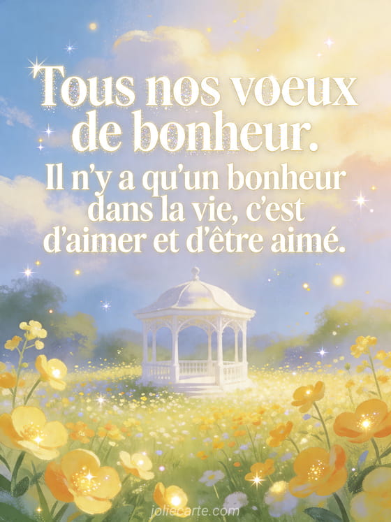 Illustration d'un champ de primevères autour d'un petit pavillon blanc sous un ciel lumineux