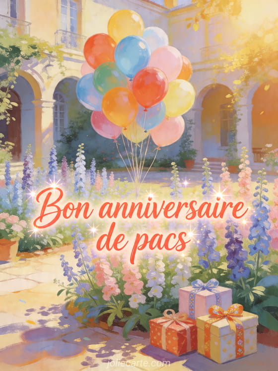 Illustration de ballons au-dessus de massifs de delphiniums et de cadeaux emballés dans une cour ensoleillée