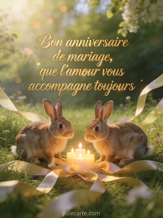 Deux lièvres dans une prairie avec bougies et rubans, avec le texte Bon anniversaire de mariage, que l'amour vous accompagne toujours