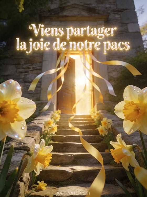 Escalier de pierre bordé de jonquilles menant à une porte lumineuse décorée de rubans