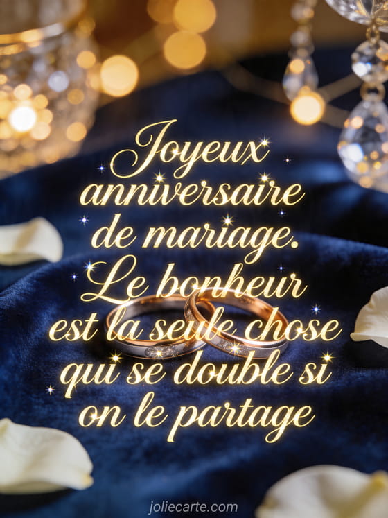 Deux alliances entrelacées sur du velours bleu avec pétales et le texte Joyeux anniversaire de mariage et sa citation