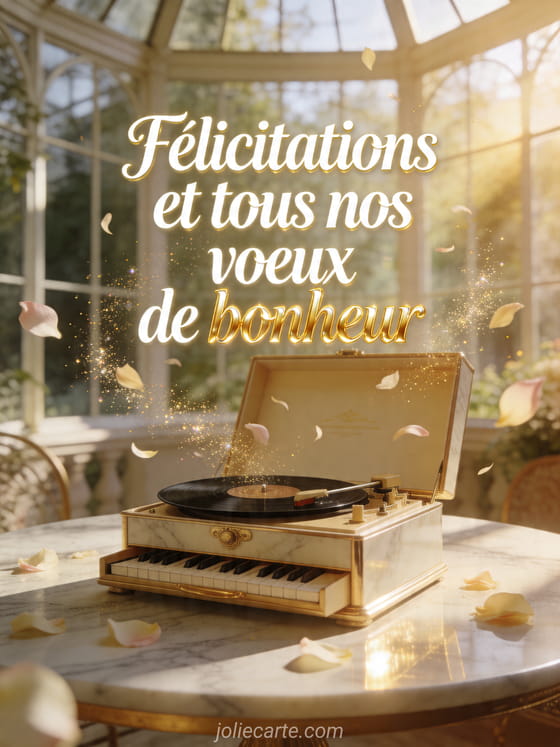 Boîte à musique ouverte sur une table en marbre avec des pétales dans une véranda lumineuse