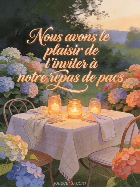 Illustration d'une table dressée en extérieur parmi des hortensias et des photophores lumineux