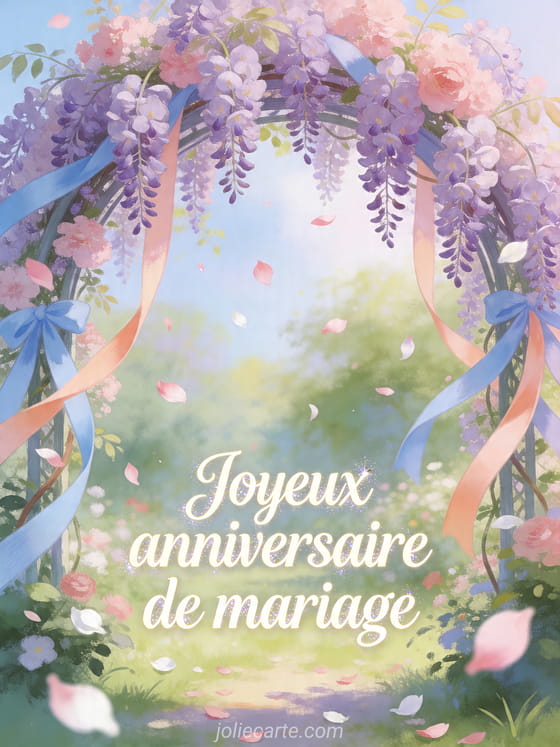 Arche de jardin couverte de glycine avec rubans et le texte Joyeux anniversaire de mariage
