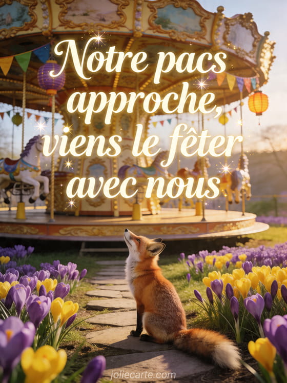 Prairie de crocus autour d'un carrousel ancien avec un renard sur le chemin au coucher du soleil