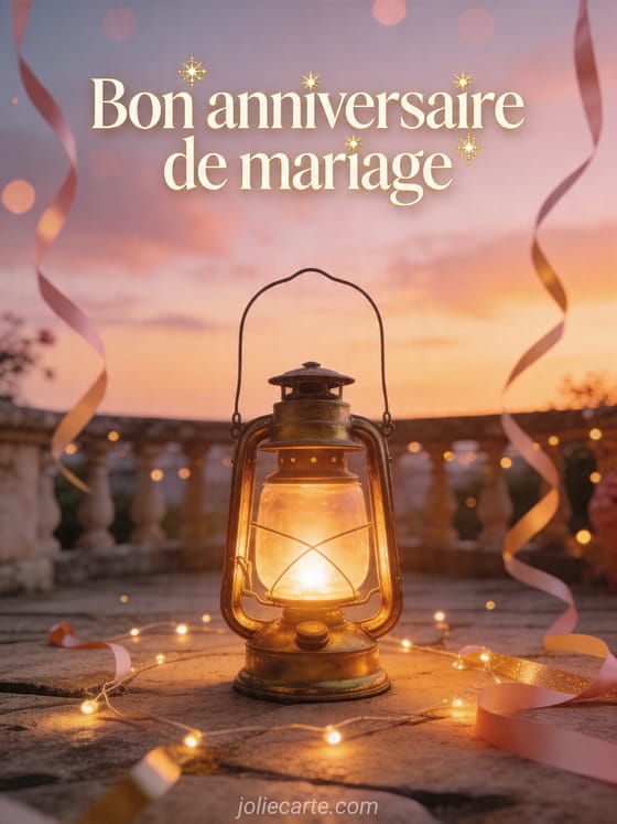 Lanterne ancienne sur une terrasse de pierre avec le texte Bon anniversaire de mariage