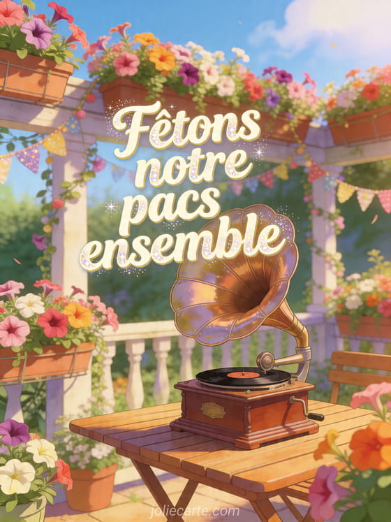 Illustration d'un patio festif avec pots de pétunias, guirlandes et gramophone brillant sous un ciel clair