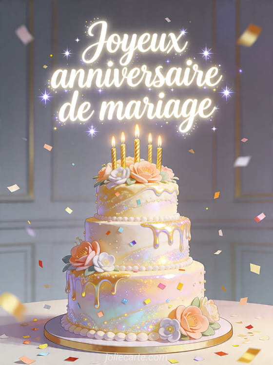 Grand gâteau d'anniversaire avec bougies et confettis, avec le texte Joyeux anniversaire de mariage