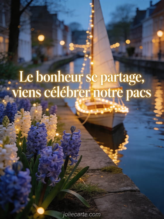 Jardin de jacinthes au bord d'un canal étroit avec un voilier lumineux amarré, et le texte de la carte