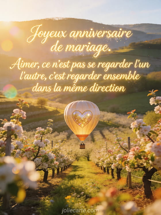 Montgolfière décorée de cœurs au-dessus d'un verger avec le texte Joyeux anniversaire de mariage et sa citation