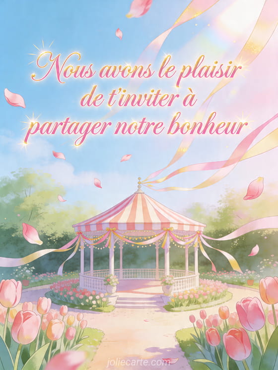 Illustration d'une cour remplie de tulipes autour d'un pavillon rayé avec des guirlandes de rubans