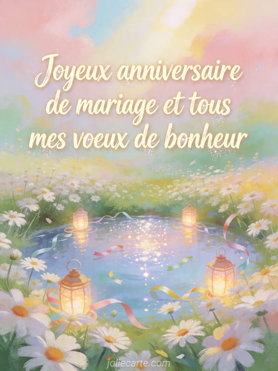 Prairie de marguerites autour d'un étang avec lanternes et le texte Joyeux anniversaire de mariage et tous mes voeux de bonheur