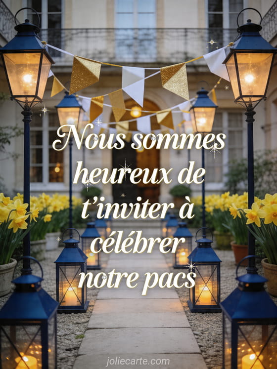 Cour bordée de jonquilles avec lanternes bleues et rubans géométriques, avec le texte d'invitation au pacs
