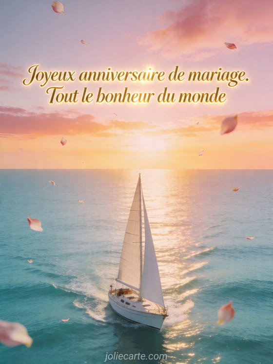 Voilier blanc sur une mer turquoise au coucher du soleil avec le texte Joyeux anniversaire de mariage. Tout le bonheur du monde