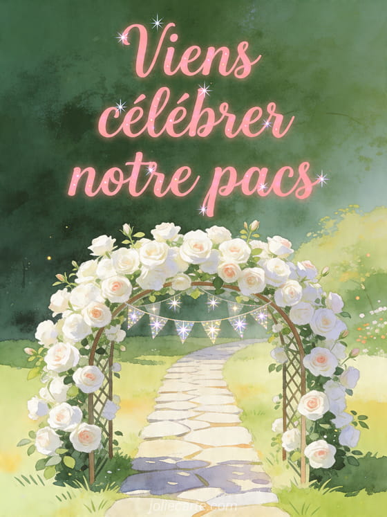 Illustration d'une arche de roses blanches au-dessus d'un chemin de pierre avec des fanions scintillants