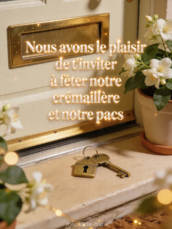 Pas de porte chaleureux avec pot de jasmin et clé de maison en laiton sous une lumière dorée