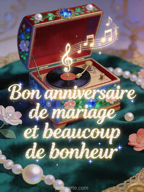 Boîte à musique ouverte avec perles et fleurs, avec le texte Bon anniversaire de mariage et beaucoup de bonheur
