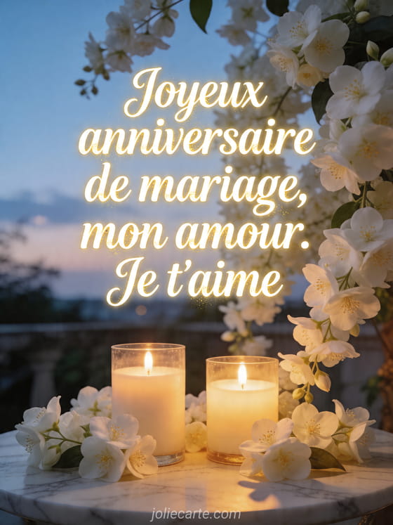 Jasmin blanc autour de deux bougies sur une table de marbre avec le texte Joyeux anniversaire de mariage, mon amour. Je t'aime
